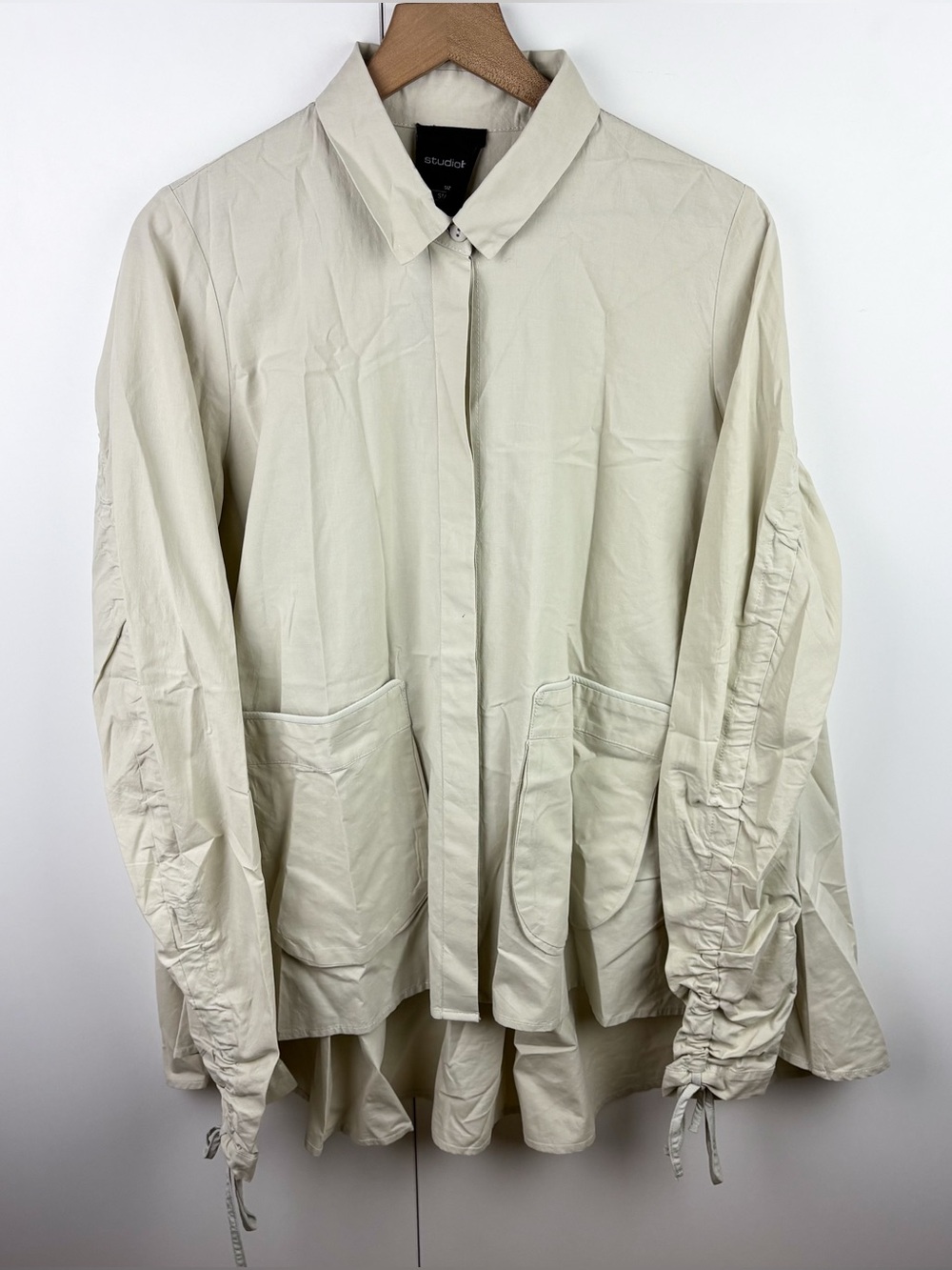 Studio B3 Lagenlook Oversized Drawstring Shirt Button Down Top Beige Dyed Small